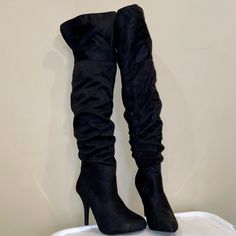 Never Worn Black Suede Over The Knee/Thigh High Boot Fold Over Top Option Stiletto Heel Size 8.5 Almond Toe Side Zipper Fitted Suede Heeled Boots For Night Out, Formal Thigh High Heels, Chic Fitted Thigh High Heels, Fitted Black Heels For Fall, Black Fitted Heels For Date Night, Fitted Black Heels For Date Night, Blue Leather Boots, Brown Cowgirl Boots, Pirate Boots