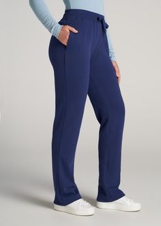 About Our Sweatpants for Tall Women Whether it's a workout or the weekend, these open-bottom tall women's sweatpants look good with just about anything – and they feel even better. Finding sweats when you're tall can be tough, with inseams that land awkwardly above the ankle and silhouettes that are far too baggy for your frame. We designed this pair of sweats to go all the way past your ankles with a straight leg that provides the right balance of comfort and style. The wide drawstring waistban Comfort Stretch Sweatpants With Ribbed Waistband, Stretch Straight Leg Loungewear, Full Length Comfort Stretch Sweatpants With Comfort Waistband, Stretch Straight Leg Activewear For Lounging, Blue Stretch Sweatpants For Loungewear, Relaxed Fit Full Length Sweatpants For Sports, Sporty Activewear With Comfort Waistband, Relaxed Fit Full Length Sweatpants With Elastic Side Panels, Stretch Joggers For Loungewear With Straight Leg