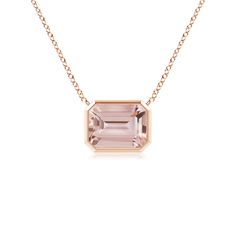 This classic east west morganite pendant is crafted in 18k rose gold. The emerald cut peach-hued gemstone is mounted in a horizontal bezel setting. Morganite Pendant, East West, Morganite, 18k Rose Gold, Bezel Setting, Emerald Cut, Emerald, Rose Gold, Gemstones