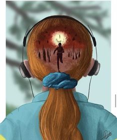 a woman with headphones on her ears looking at an image of a man in the distance