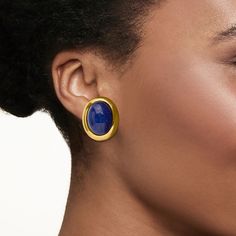 Ross-Simons - C. 1980 Vintage Lapis Earrings in 14kt Yellow Gold. C. 1980. Evocative of their '80s origin in style and scale, this bold pair knows how to make a statement. Our richly hued Estate collection earrings feature sizable 17.5x14.5mm oval lapis cabochons framed in glossy 14kt yellow gold. Natural pyrite flecks will vary. Clip/post, lapis earrings. Exclusive, one-of-a-kind Estate Jewelry. Classic Cabochon Clip-on Earrings For Formal Occasions, Evening Yellow Gold Cabochon Jewelry, Classic Brass Jewelry With Cabochon, Classic Polished Finish Clip-on Earrings For Anniversary, Classic Polished Clip-on Earrings For Anniversary, Vintage 14k Gold Earrings With Polished Finish, Formal Brass Jewelry With Cabochon, Timeless Yellow Gold Clip-on Jewelry, Classic Cabochon Earrings For Anniversary