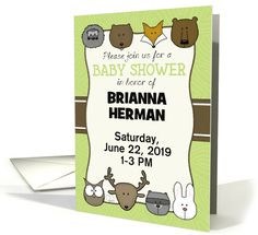 a baby shower is shown with animals on the front and back of it's card