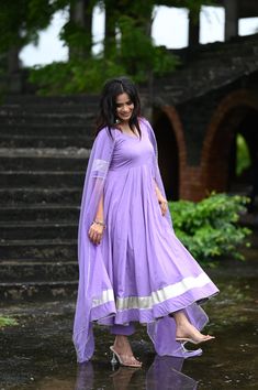 PRODUCT DESCRIPTION :-Shine bright like sunshine!Anarkali :- Pure cottonPant :- CottonDupatta :- Organza silkClosure Used:- Side zipColor:- Lilac purpleCare Instructions :- Dry clean onlyModel Size :- Model is wearing XS sizeModel Height :- 5.5DISCLAIMER :- Slight color variations may occur due to different screen resolution. Purple Churidar With Gota Work, Designer Purple Cotton Silk Kurta, Purple Gota Work Dress For Eid, Purple Gota Work Dress For Designer Wear, Purple Gota Work Designer Dresses, Purple Dresses With Gota Work, Semi-stitched Lavender Anarkali Set With Dupatta, Diwali Lavender Anarkali Set With Zari Work, Anarkali Purple Kurta For Navratri