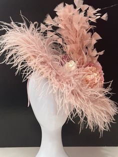 Kentucky  Derby Fascinator Hat,   Couture Fascinator Hat,   Beautiful One of a Kind, Feather Flower  Fascinator made with  Champagne Blush Dusty Rose Feathers, Blush Pink Peony  Flower Derby Hat,  Beautiful Double sided Hat, Double Champagne Blush Pink Flowers with a mix of Champagne Blush Beige Coque Feathers, surrounded with 3 ply Champagne Dusty Rose Feather with a  bird cage veil  too. High Tea Hat, High Tea Hats, Blush Pink Fascinator, Couture Fascinators, Fascinators Hats, Tea Hat, Cage Veil, Tea Hats, Kentucky Derby Fascinator