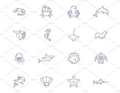 marine animals and fish line icons