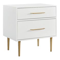 a white and gold nightstand with two drawers on one side, the other is turned down