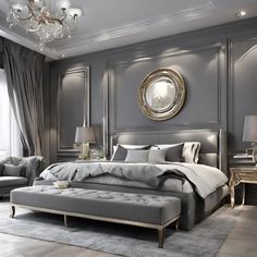 a luxurious bedroom with gray walls and furniture