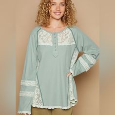 Brand New With Tags. In Stock & Ready To Ship Asap Color Green Round Neck Long Sleeve Lace Trim Thermal Top Is A Charming And Versatile Addition To Your Wardrobe. This Top Features A Classic Round Neck, Raglan Sleeves, And A Relaxed Fit For A Comfortable And Flattering Silhouette. Made From A Mix Of Thermal And Crochet Fabrics, This Top Combines Warmth With Delicate Detailing. The Lace Trim And Stitch Detail Add A Touch Of Elegance To The Piece, Creating A Stylish And Intricate Look. With A Poin Casual Tops With Lace Patchwork For Layering, Fall Cotton Top With Lace Patchwork, Cotton Lace Patchwork Tops For Fall, Cotton Tops With Lace Patchwork For Fall, Fall Loungewear Tops With Lace Trim, Fall Tops With Lace Trim For Loungewear, Fall Lace Patchwork Cotton Tops, Lace Trim Tops For Fall Loungewear, Casual Cream Tops With Lace Patchwork