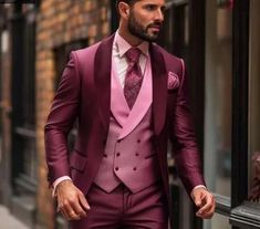 Men Suit Slim Fit Classy Three Piece Burgundy  Men's Suit for Wedding, Engagement, Anniversary, Prom, Groom wear and Grooms Men Suit Slim Fabric type🌂【PREMIUM FABRIC】-.This slim suit for men is comfortable, breathable, softer, smoother, easier to wash and keep the shape.Work harder in a official wear ,which feels as good as your high-performance, ready-for-anything gym apparel! Care instructions🧺【WASH TIPS】--Dry clean recommended if conditions permit.If you have to hand wash it,please keep the water temperature below 40 degrees and wash gently.Steam ironing,hang the suit on the hangers when you are not wearing them to avoid wrinkles. Origin🧥【WHAT YOU GET】:This stylish suit set includes: 1*Blazer+1*Vest+1*Pants.BLAZER: Single Breasted ,1 Button ,Notched Lapel.VEST: 5 Buttons Vest with Ba Wine Color Suits For Men, Groom Attire Vintage, Rustic Wedding Suit, Official Wear, Grooms Men, Suit For Wedding, Wedding Vest, Vintage Groom, Gym Apparel