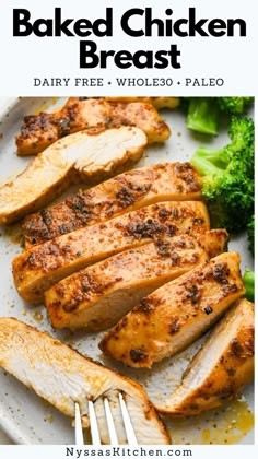 baked chicken breast on a plate with broccoli