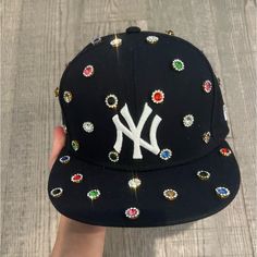 Never Worn Ny Yankee Rhinestone Hat - Custom Idk_gallery Rhinestone Fitted Cap, Socks And Jeans, New Era Yankees, Rhinestone Hat, Custom Fitted Hats, Ny Hat, Oversized Polo, Hat Custom, Street Style Outfits Men