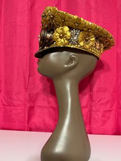 One size fits most rave style captain sparkle gold hat with chin strap designed by designer with goggles, gears, gold sequin trimming, gold/rhinestone jewelry pieces, gold flowers . One of a kind Gold Crop Top, Gold Hat, Gold Gallery, Rave Style, Gold Hats, Pink Snake, Sheer Lace Top, Costume Hats, Derby Hats