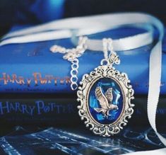 a harry potter necklace with an owl on it and a book in the back ground