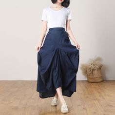 "★★ FEATURES 70% cotton, 30% terylene Linen skirt Elastic back waist Two big pockets Asymmetrical skirt Long Linen skirt High low skirt Maxi skirt Perfect for summer,spring,autumn Wash by hand or machine with cold water ★★ The model's height approx 165cm (5′5″) with the 84cm (33\") bust, 66cm (26\") waist. She is wearing a size XS ★★ Please select custom order according to the follow situation Request similar length effect as model wear Your height is not between 155cm and 175cm Your weight is n Cotton Long Skirt With Relaxed Fit, Relaxed Fit Cotton Long Skirt, Relaxed Fit Long Cotton Skirt, Non-stretch Cotton Pleated Skirt, Cotton Non-stretch Pleated Skirt, Baggy Cotton Pleated Skirt, Baggy Cotton Bohemian Skirt, Baggy Cotton Skirt For Summer, Spring Baggy Gathered Skirt