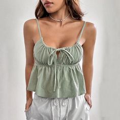 Style: Sexy Fit: Regular Fabric: Cotton Pattern: Solid Element: Cutout,Ruched,Tie Top Length: Crop Neckline: Spaghetti Strap Product Type: Camis Main Composition: Cotton Season: Summer Business Skirt, Female Style, Short Vest, Casual Outerwear, Slim Fit Shorts, Top For Women, Color Fabric, Casual Tank Tops, Tie Top