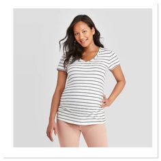 Short Sleeve V-Neck Tee Size Xl Color - White Allover Stripes Soft Cotton Blend Side Shirring Accommodates A Growing Baby Fits Throughout & After Pregnancy Below Waist Basic Tee Shirt Pullover Short Sleeve Brand New With Tag White Casual Maternity T-shirt, Spring Maternity Cotton Tops, Casual Maternity T-shirt Bump Friendly, White Short Sleeve Maternity Top, White Short Sleeve Maternity Wear Tops, White Short Sleeve Tops For Maternity Wear, Casual White Maternity T-shirt, Casual Maternity T-shirt, Bump Friendly White Short Sleeve T-shirt