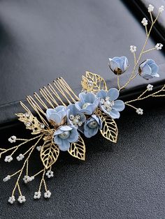 1pc Women Rhinestone & Flower Decor Fashionable Hair Comb, For Decoration Boho Valentine's Day Baby Blue Boho   Zinc Alloy     Wedding & Event, size features are:Bust: ,Length: ,Sleeve Length: Boho Tiara, Bride Hair Pins, Floral Veil, Bridal Headwear, Pearl Shop, Flower Hair Comb, Rhinestone Flower, Boho Bridal, Flower Decor