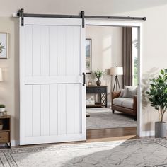 an open white barn door in a living room