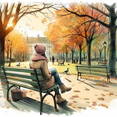 a woman is sitting on a bench in the park, looking at birds and trees