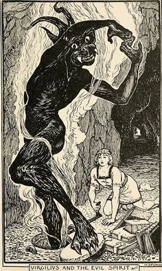 an old illustration of a demon attacking a man in the woods, with fire coming from his mouth