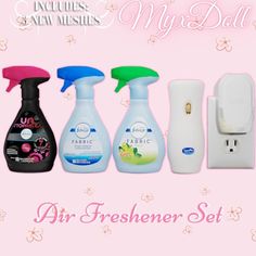 four different types of air freshener set on a pink background with flowers and butterflies