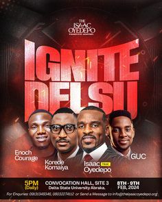 the event poster for ignite fest with three men in suits and ties on it