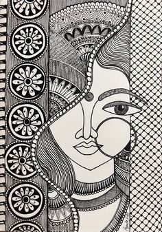 a black and white drawing of a woman's face with many circles around her