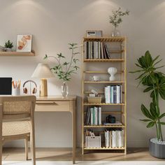 a room with a desk, chair and bookshelf