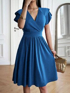 Blue Elegant Collar Short Sleeve Knitted Fabric Plain A Line Embellished Medium Stretch  Women Clothing Mid Calf Dresses, Elegant Midi Dresses, Knitted Coat, Cath Kidston, Flounce Sleeve, Women Midi, Midi Dress With Sleeves, Neck Ruffle, Blue Midi Dress