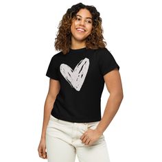 Made of 100% combed and ring-spun cotton, this t-shirt is ultra soft and smooth against the skin. With its flattering, longline fit and crew neck, this tee will look best paired with high-waisted bottoms. * 100% combed and ring-spun cotton * Fabric weight: 4.3 oz/yd² (145.79 g/m²) * Yarn thickness: 30 singles * Longline fit with a crew neck * Blind stitch on sleeves and hem * Tightly knit and side-seamed * Ultra soft hand feel * Tear-away label * Blank product sourced from Bangladesh This produc Fitted Casual T-shirt With Heart Graphic, Trendy Black T-shirt With Heart Print, Casual Short Sleeve T-shirt With Heart Print, Trendy Relaxed Fit T-shirt With Heart Print, Trendy Crew Neck Top With Heart Graphic, Casual Heart Print T-shirt With Relaxed Fit, Casual Relaxed Fit T-shirt With Heart Print, Relaxed Fit Short Sleeve T-shirt With Heart Print, Relaxed Fit T-shirt With Heart Print And Short Sleeves