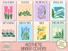 six different flower posters with the words,'aesthetic binder covers '