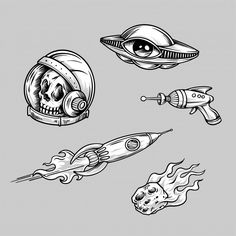 an ink drawing of space related items including a rocket ship, skull and eyeballs