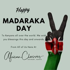 happy madaraka day greeting card with hand making peace sign and flag on green background