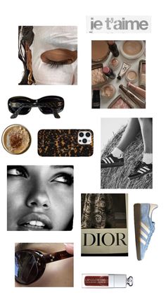 the collage has many different items in it including sunglasses, eyeglasses and lipstick