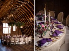 the tables are set with purple napkins and place settings for an elegant wedding reception