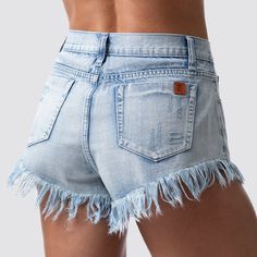 A staple in every wardrobe is jean shorts. Introducing Born Primitive Female Freedom Jorts. These women's cut off shorts feature a light wash, a mid-rise waist and a short 1" inseam with a 1" fringe bottom. These cheeky jean shorts are not fitness shorts. They are going to fit like a normal cut jean short. These light blue jean shorts for women are going to taper in on the waist, so if you don't want them to be snug in the waist, order up. These will not fit like a booty short- rather a normal j Athletic Bodies, Light Blue Jean Shorts, Cut Jean Shorts, Born Primitive, Star Shorts, Shorts Fits, Compression Bra, Fitness Shorts, Athletic Body