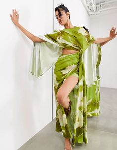 ASOS EDITION satin volume flare sleeve grecian cut out maxi dress in green floral | ASOS Summer Dresses With Cape Sleeves And Floral Print, Green Maxi Dress With Draped Sleeves, Chic Green Maxi Dress With Draped Sleeves, Green Draped Silk Maxi Dress, Spring Dresses With Draped Kimono Sleeves, Green Spring Dress With Cape Sleeves, Green Cape Sleeve Dress For Spring, Green Dress With Cape Sleeves For Spring, Green Summer Dress With Cape Sleeves