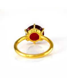 This beautiful stackable prong set ring features faceted round shape Garnet Quartz Gemstone. Gemstone size is 10 mm / 0.3''. Since we use natural gemstones, the stones may vary slightly in color and shape. Available in: ✦ 18K VERMEIL GOLD. ✦ BRIGHT STERLING SILVER. This ring can be made with a variety of gemstones. Please leave us a note if you prefer it with a different gemstones. Please specify your size and choice of metal at the checkout. Ring will be shipped in Danique Jewelry branded box. Faceted Ruby Ring For Wedding, Faceted Ruby Ring, January Birthstone Rings, Prong Ring, Garnet Jewelry, Ring Stacking, January Birthstone, Garnet Ring, Set Ring