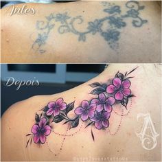 the back of a woman's neck with pink flowers on it and an image of a