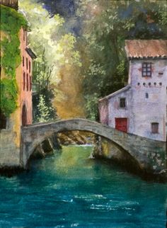 a painting of a bridge over a river