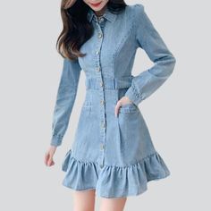 Be the queen of chic this summer with our 90's-style mini denim dress with ruffles! This light wash denim dress with buttons closure is the perfect statement piece to add to your wardrobe. It's stylish. sassy and ready to take on the summer heat!Distinctive Features: 90s Style: Take a trip down memory lane with this classic 90s silhouette. The frills and buttons closure give the dress an extra touch of style. Light Wash: The light wash denim is perfect for the summer season and will look great w Mini Denim Dress, Long Sleeve Vintage Dresses, Blue Peter, Dress With Buttons, Womens Denim Dress, Light Jeans, Dress With Ruffles, 90s Style, Light Blue Color