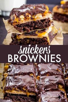 snickkers brownies are stacked on top of each other with chocolate frosting