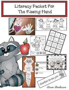 a raccoon holding an apple with the words library packet for the kissing hand