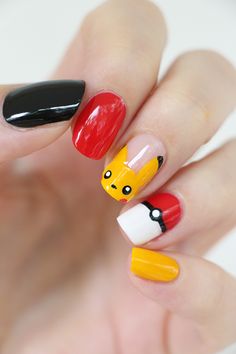 Pokemon nails ! Birthday Nail Art, Sns Nails Colors, Kids Nail Designs, Nail Art For Kids, Yellow Nails Design, Kawaii Nails