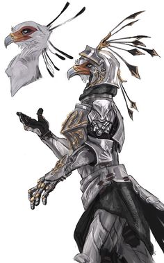 a drawing of a bird wearing armor and holding something in it's beaks