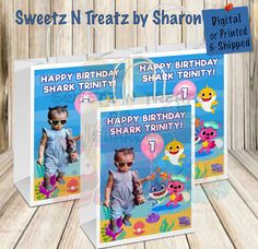 two birthday bags with the same photo on them, one has an image of a baby shark