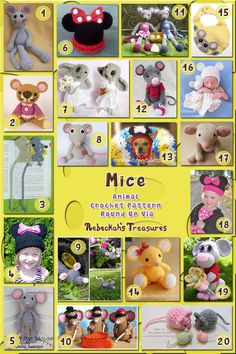 a collage of crocheted mouses and mice