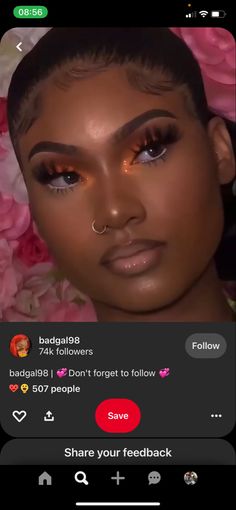 Rust Brown Makeup Look, Gold And Orange Makeup Looks, Light Orange Makeup Look, 8th Grade Graduation Makeup Ideas, Orange And Gold Makeup Looks Black Women, Orange Prom Makeup Looks Black Women, Makeup For An Orange Dress, Prom Makeup Looks For Orange Dress, Orange Hoco Makeup