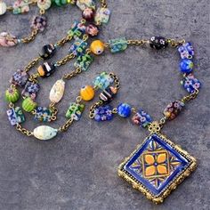 Millefiori Beads Talavera Tile Pendant Necklace - Statement Necklace | Sweet Romance – Sweet Romance Jewelry Necklace Homemade, Heart Shaped Diamond Pendant, Pave Heart Necklace, Homemade Necklaces, Victorian Bracelet, Talavera Tile, Rustic Necklace, Beads Craft Jewelry, Slide Bracelet