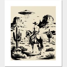 a man riding on the back of a horse next to a cactus and flying saucer